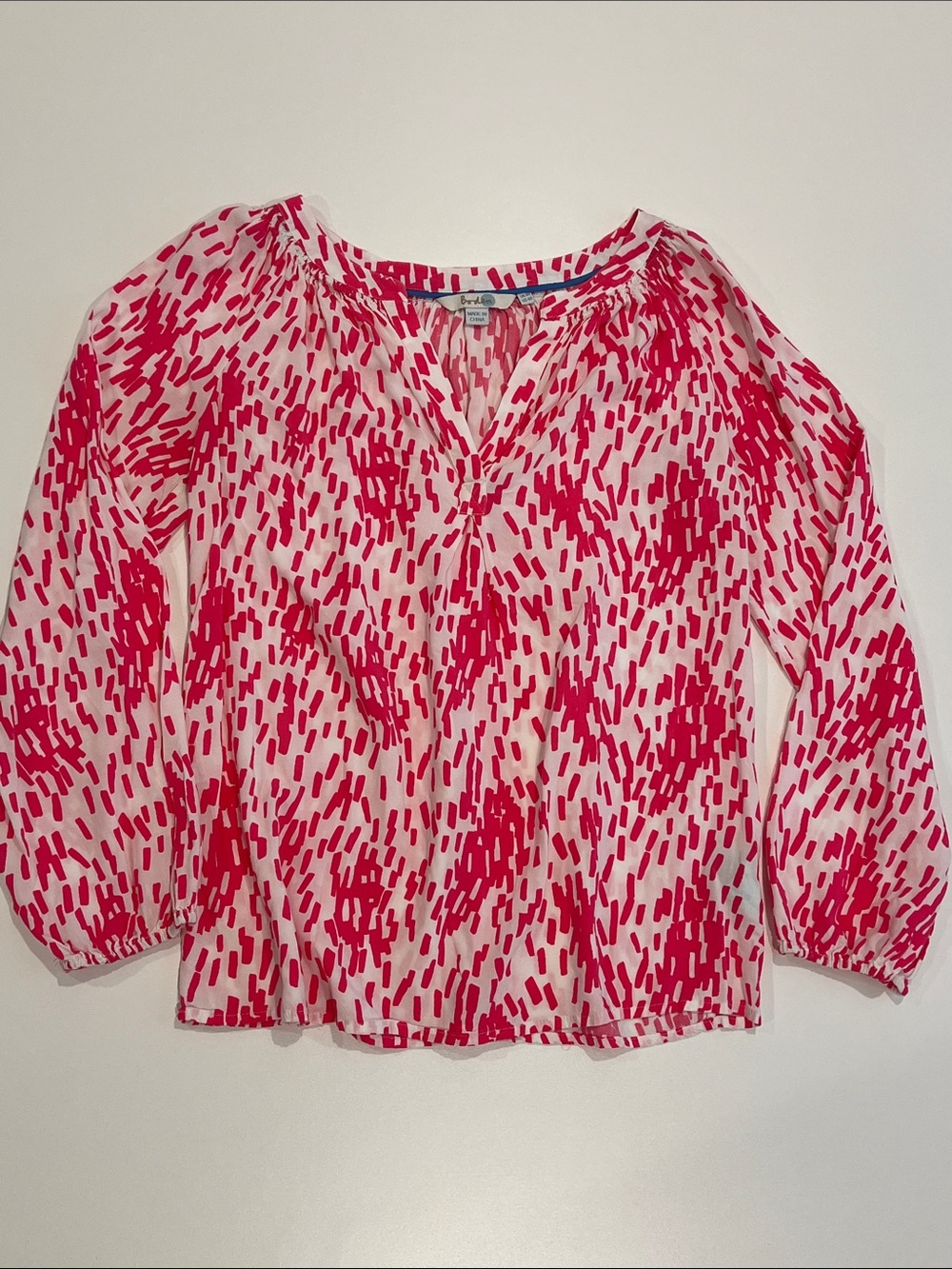 BODEN Confetti Popover Top US 4 UK 8 Pink White V-Neck Blouse 3/4 Ballon Sleeve